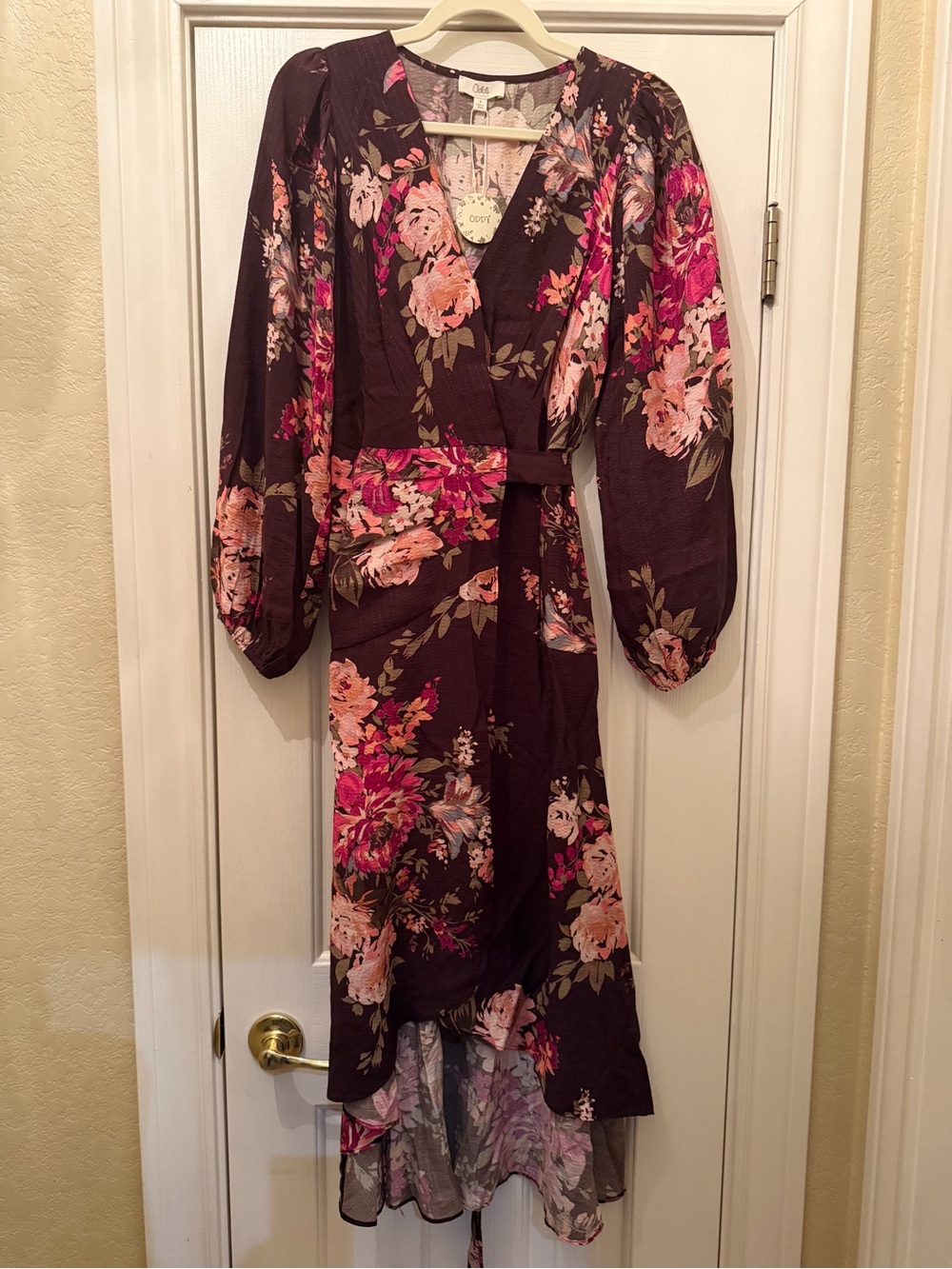 0010. Floral Wrap Midi Dress in Deep Plum with Pink Blooms
